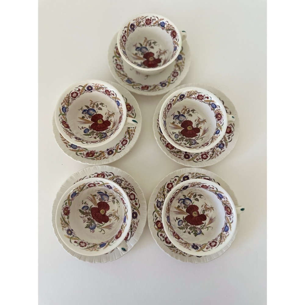 5 Set Vintage 1940's Wedgwood Etruria Bone China Cornflower - Tea Cups + Saucers